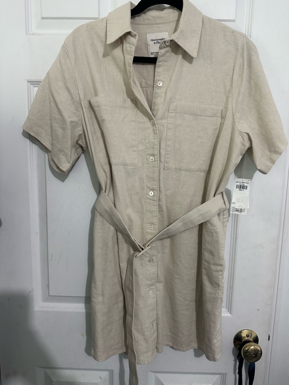 Abercrombie & Fitch Beige Short-Sleeve Shirt Dress with Tie Waist
